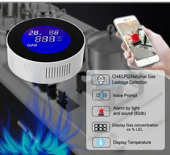 Wi-Fi Smart Natural Gas Detector - Digital LCD Temperature Display Gas Sensor for Home Kitchen - SassQuality