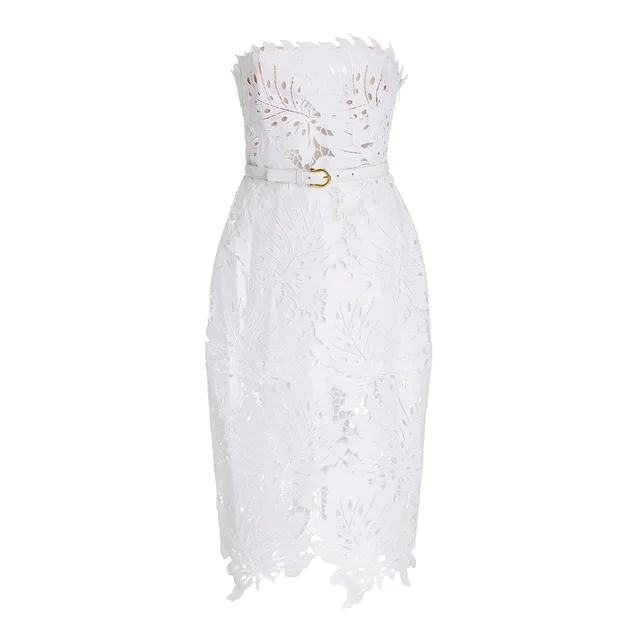 White Midi Dress Flower Cut-Out Elegant Celebrity Party Dress - SassQuality