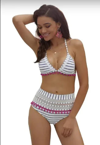 Blue White Striped Pom Pom Bikini - SassQuality