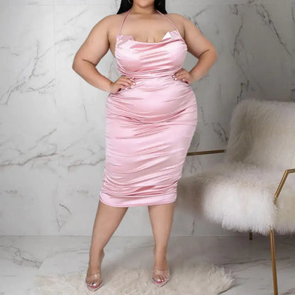 Plus Size Sleeveless Draped Satin Midi Dress