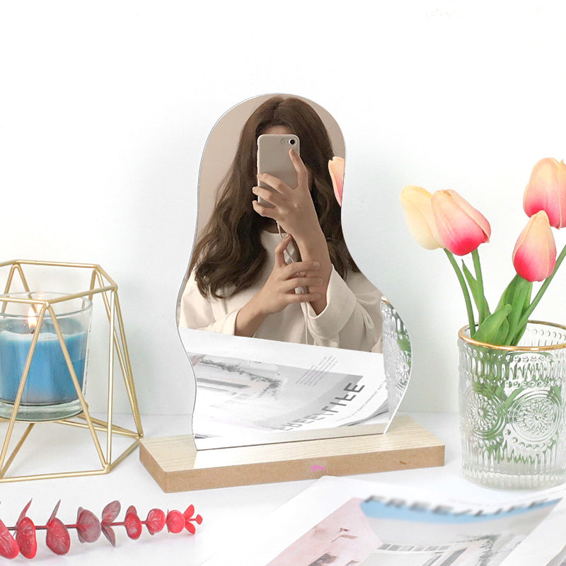 Korean style Makeup Mirror Ins Irregular Acrylic Decorative Mirror Wooden Base Cosmetic de maquillaje Beauty Tools Dropshipping - SassQuality